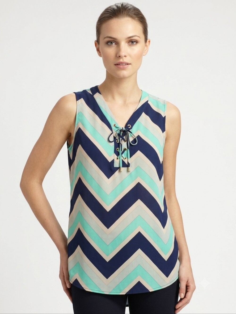 Tacera Teal & Navy Chevron Lace-Up Sleeveless Top